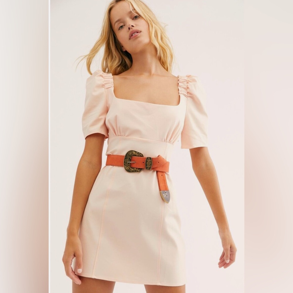 Free People Pale Pink Mini Dress with Orange Belt Accent